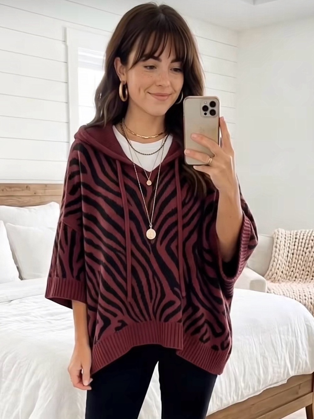 Women’s Zebra-Print Hooded Sweater in Burgundy and Black XL